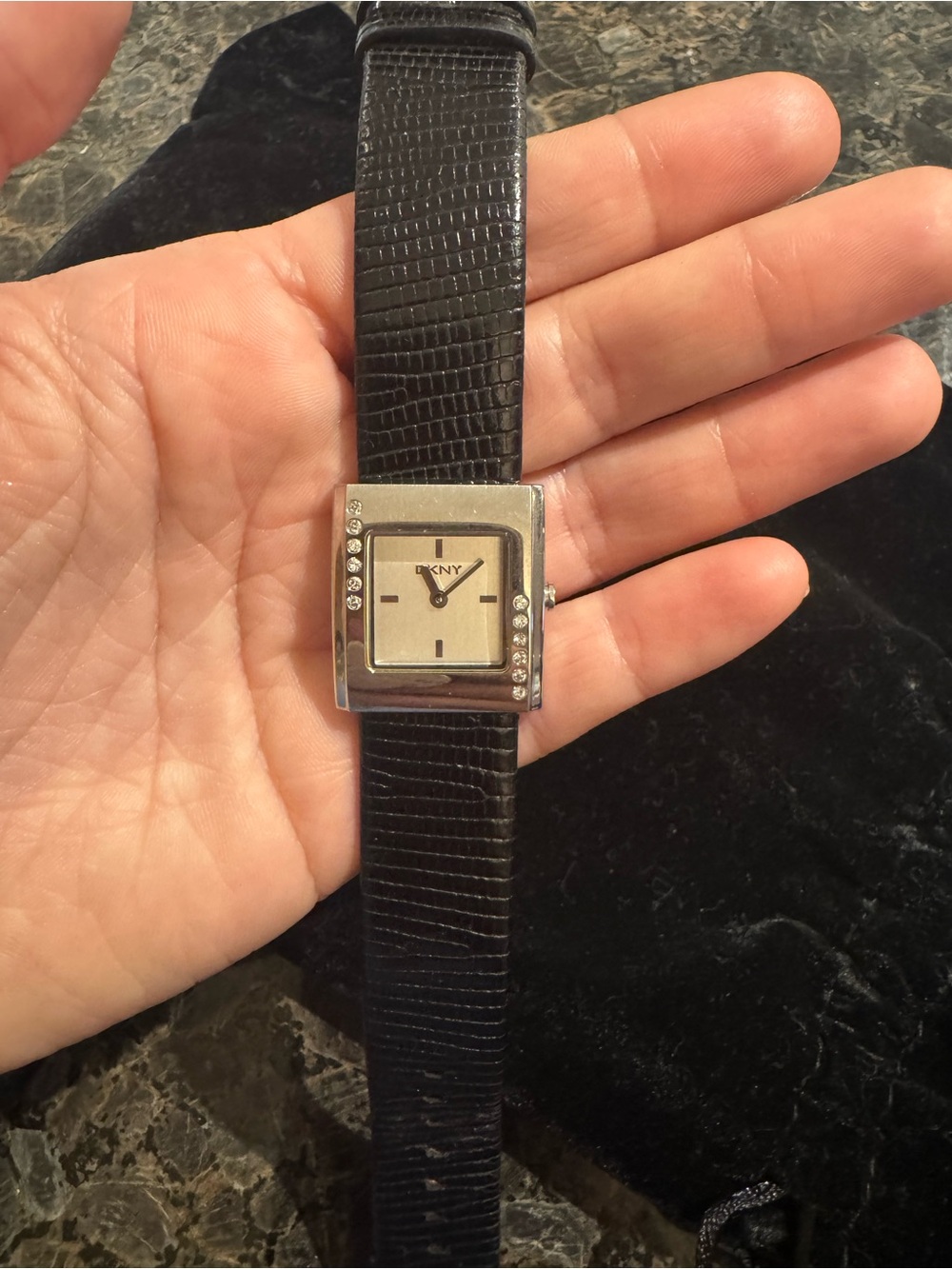 Dkny Silver-Tone Square Watch with Black Leather Strap